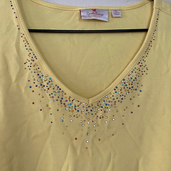 Quacker Factory Yellow Rhinestone Cotton T Shirt Women’s Size XL Short Sleeves - Picture 3 of 8